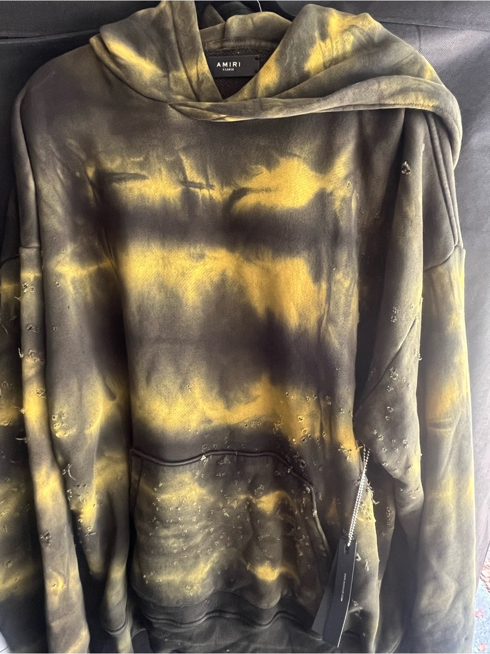 AMIRI Black and Yellow Tie-Dye Distressed Crewneck Hoodie